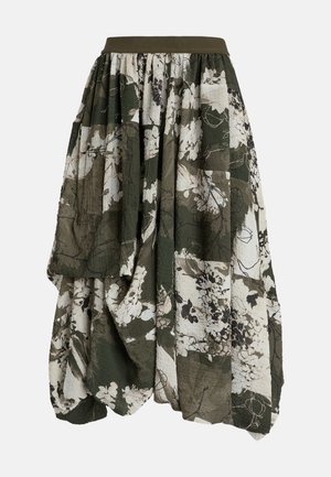 Gonna con stampa floreale che presenta tonalità di verde e crema, realizzata in tessuto testurizzato con un design a strati e una vita elastica.