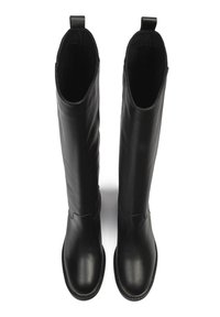 Black leather knee-high boots with rounded toes, smooth texture, and subtle stitching details. Features pull tabs at the top for easy wear.