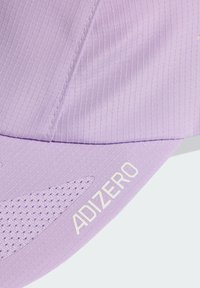 Purple running cap with ribbed texture, mesh side panel, and "ADIZERO" logo in white. Features a curved brim and lightweight material.