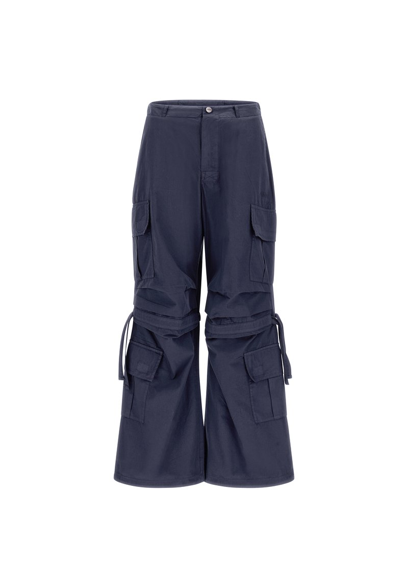Navy blue cargo pants made of a lightweight material, featuring wide legs, multiple front pockets, and adjustable ties at the cuffs.