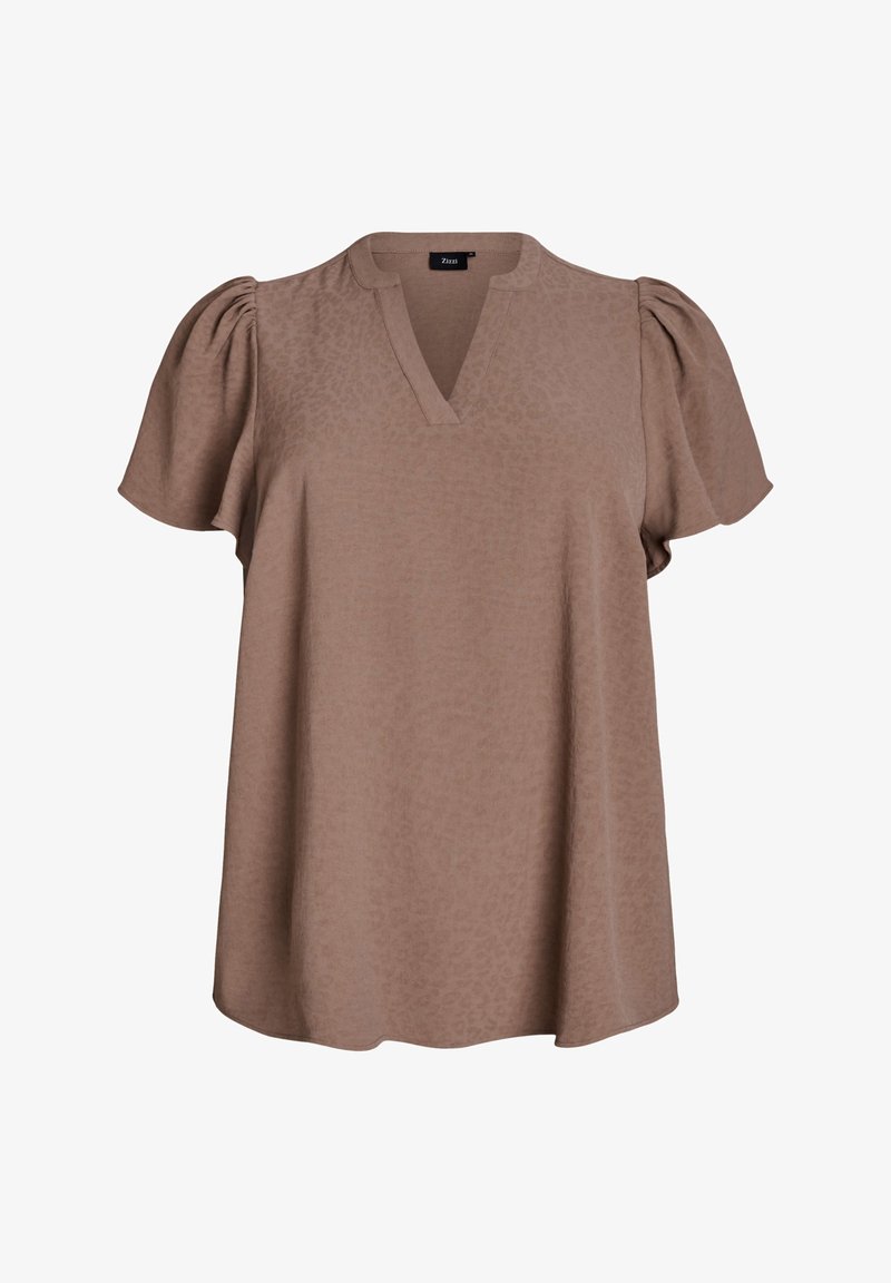 Brun kortærmet top med V-hals og blød tekstur. Har pufærmer og et subtilt leopardmønster over det hele.