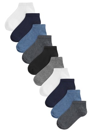 Ensemble de dix chaussettes de cheville en coton de différentes couleurs : blanc, bleu foncé, bleu clair, noir, anthracite et gris, avec des bords côtelés simples.