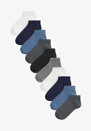 Komplet od deset pamučnih no-show čarapa u različitim bojama: bijela, tamnoplava, svijetloplava, crna, antracit i siva, s jednostavnim rebrastim rubovima.