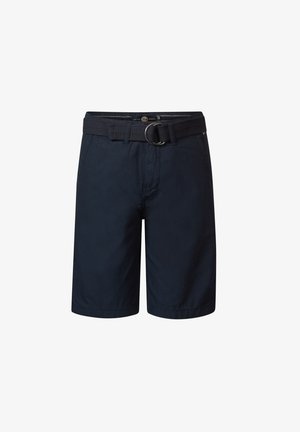 Mørkeblå shorts lavet af letvægtsstof. Har et vævet bælte med en rund metalspænde, frontlommer og en afslappet pasform.
