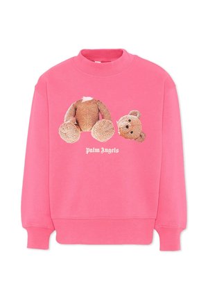 Felpa rosa con grafica di un orsacchiotto decapitato e logo "Palm Angels" in testo bianco sotto la grafica.