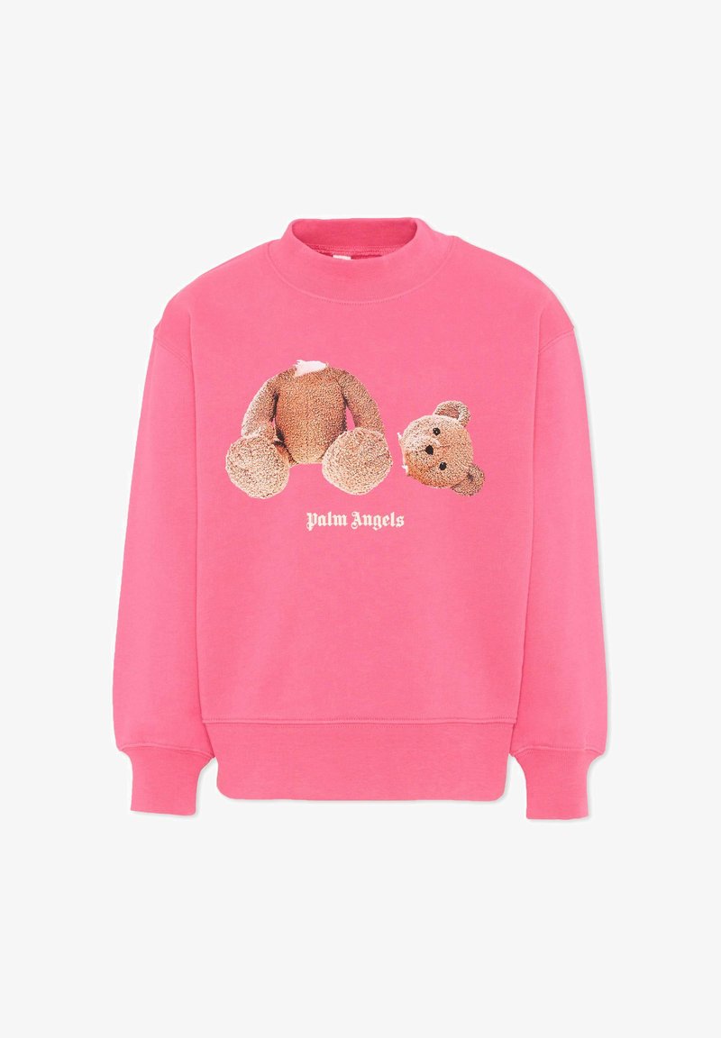 Sweat-shirt rose avec un graphisme d'un ours en peluche décapité et le logo "Palm Angels" en texte blanc en dessous du graphisme.