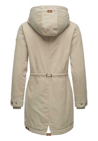 Beige kordjakett med huva, justerbar dragsko i midjan och knappdetaljer på ärmarna, med en medellång design och en slits bak.