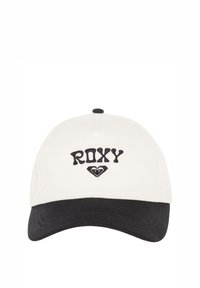 Casquette blanche avec une visière noire incurvée. Présente un texte "ROXY" brodé en noir et un logo en forme de cœur sur le devant. Fabriquée en coton.