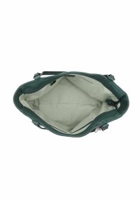 Borsa in pelle verde con interno beige chiaro, dotata di una tasca con zip e compartimento principale aperto.