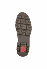 Suela de zapato de goma marrón con un diseño de banda de rodadura profunda, presentando un emblema rojo redondo y la marca de tamaño "37" cerca del talón para agarre y estabilidad.