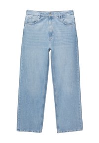 Jeans de pierna ancha de color azul claro, fabricados en denim, con cintura alta, bolsillos frontales y trabillas convencionales para cinturón. Textura suave y corte recto.