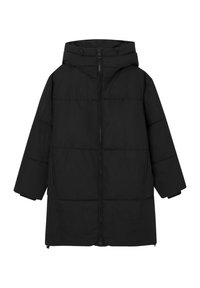 Černý péřový kabát s kapucí, se zipovým uzavíráním, dlouhými rukávy a prošívaným vzorem. Lehká tkanina s hladkou strukturou.