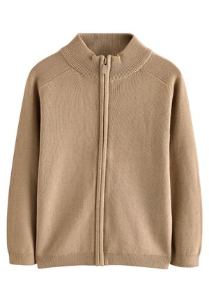Cardigan en tricot beige avec un col à côtes haut, une fermeture éclair sur toute la longueur, des manches longues et des poignets et un ourlet côtelés.