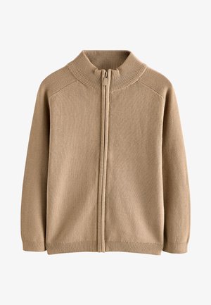 Cardigan en tricot beige avec un col à côtes haut, une fermeture éclair sur toute la longueur, des manches longues et des poignets et un ourlet côtelés.