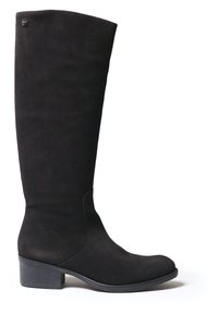 Botte haute en suède noir avec un bout rond et un petit talon empilé. Présente une texture lisse et un design minimaliste.
