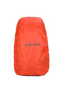 Housse de protection imperméable orange pour sac à dos, fabriquée en matériau léger ; elle dispose d'un fond élastique pour un ajustement sécurisé et d'un logo imprimé sur le devant.