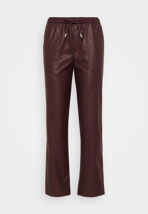 Bordeaux neplederen broeken met een drawstring tailleband, twee voorzakken en rechte pijpen. Glad textuur met een subtiele glans.