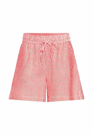 Red and white striped shorts with an elastic waistband and drawstring. Features two side pockets and a relaxed fit. Cotton material.