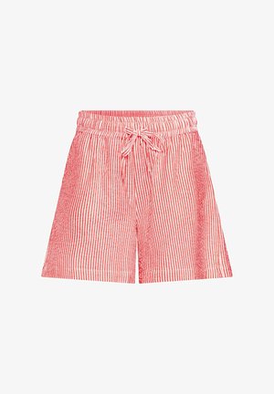 Červeno-biele pruhované šortky s elastickým pásom a šnúrkou. Obsahujú dve bočné vrecká a voľný strih. Materiál: bavlna.