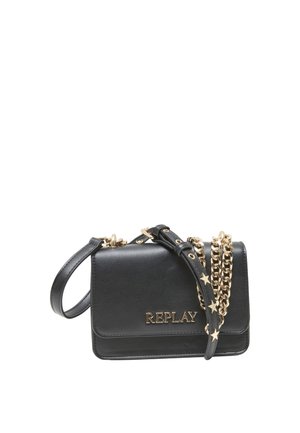 Zwarte leren crossbodytas met gouden kettingriem, lederen detail met sterren en gouden "REPLAY" logo op de voorflap.