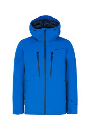 Blaue wasserfeste Jacke mit Kapuze, Reißverschlusstaschen und Belüftungsdetails. Glatte Textur mit kontrastierenden schwarzen Beschlägen.