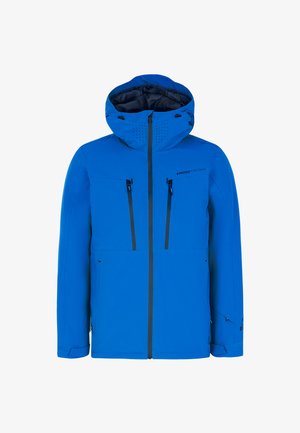 Blaue wasserfeste Jacke mit Kapuze, Reißverschlusstaschen und Belüftungsdetails. Glatte Textur mit kontrastierenden schwarzen Beschlägen.