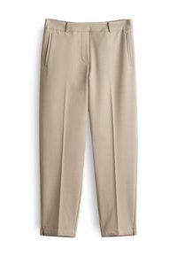 Beige Hosen mit glatter Textur, ausgestattet mit zwei seitlichen Taschen und einer vorderen Tasche. Eng zulaufendes Bein-Design mit gesteppten Details am Saum.