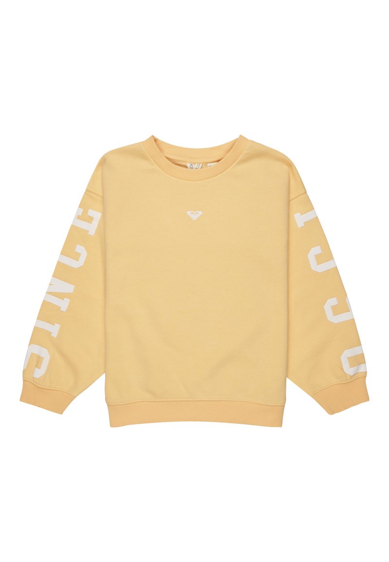 Sudadera amarilla de manga larga, con un logo blanco en el frente y gran texto blanco en una de las mangas. Textura suave, puños acanalados.