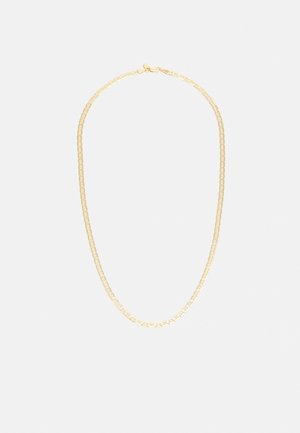 Collar de tono dorado con un diseño de cadena plana y retorcida, acabado pulido. Cierre seguro en la parte trasera.
