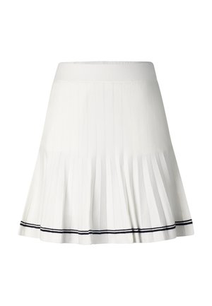 White pleated skirt with wide waistband and two thin black stripes near the hem, displayed on a plain background.