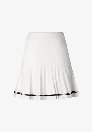 White pleated skirt with wide waistband and two thin black stripes near the hem, displayed on a plain background.