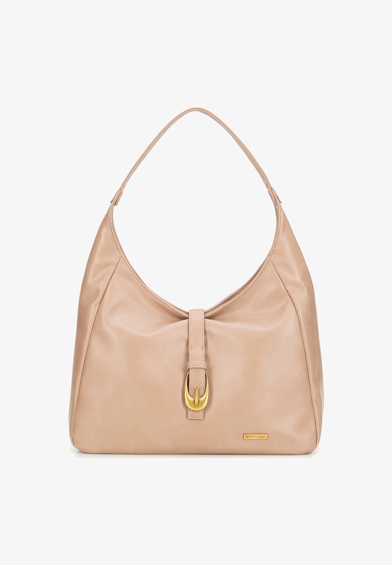 Sac hobo en cuir beige avec une anse plate, détail de boucle dorée centrée, texture lisse et un léger éclat à la surface.