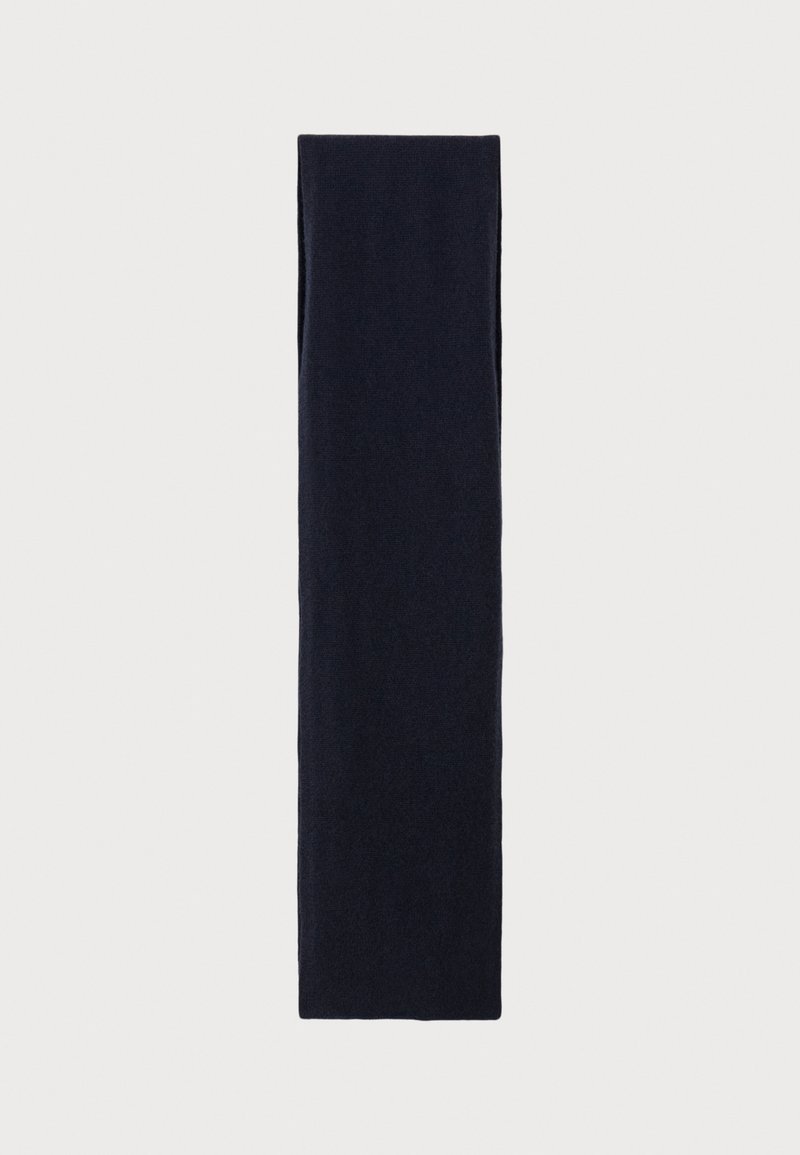 Écharpe bleu marine en tissu doux, de forme rectangulaire, texture lisse, avec des bords nets et sans motifs ni éléments métalliques visibles.