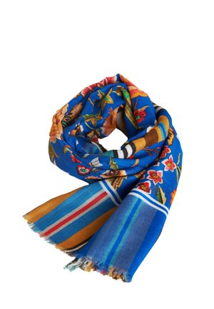Blue scarf featuring floral patterns in vibrant colors, with striped accents at the ends and fringed edges. Soft material, lightweight design.