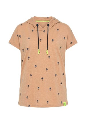 Sweat à capuche marron clair à manches courtes avec petits imprimés de palmiers foncés et cordons noirs avec embouts vert néon.