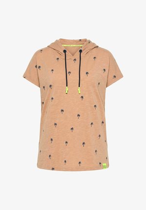 Lichtbruine hoodie met korte mouwen met kleine donkere palmboomprints en zwarte trekkoorden met neon groene uiteinden.