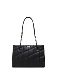 Sort, quilted tote bag lavet af glat læder, med dobbelte kæde- og læderremme samt en rektangulær silhuet med metalliske accenter.