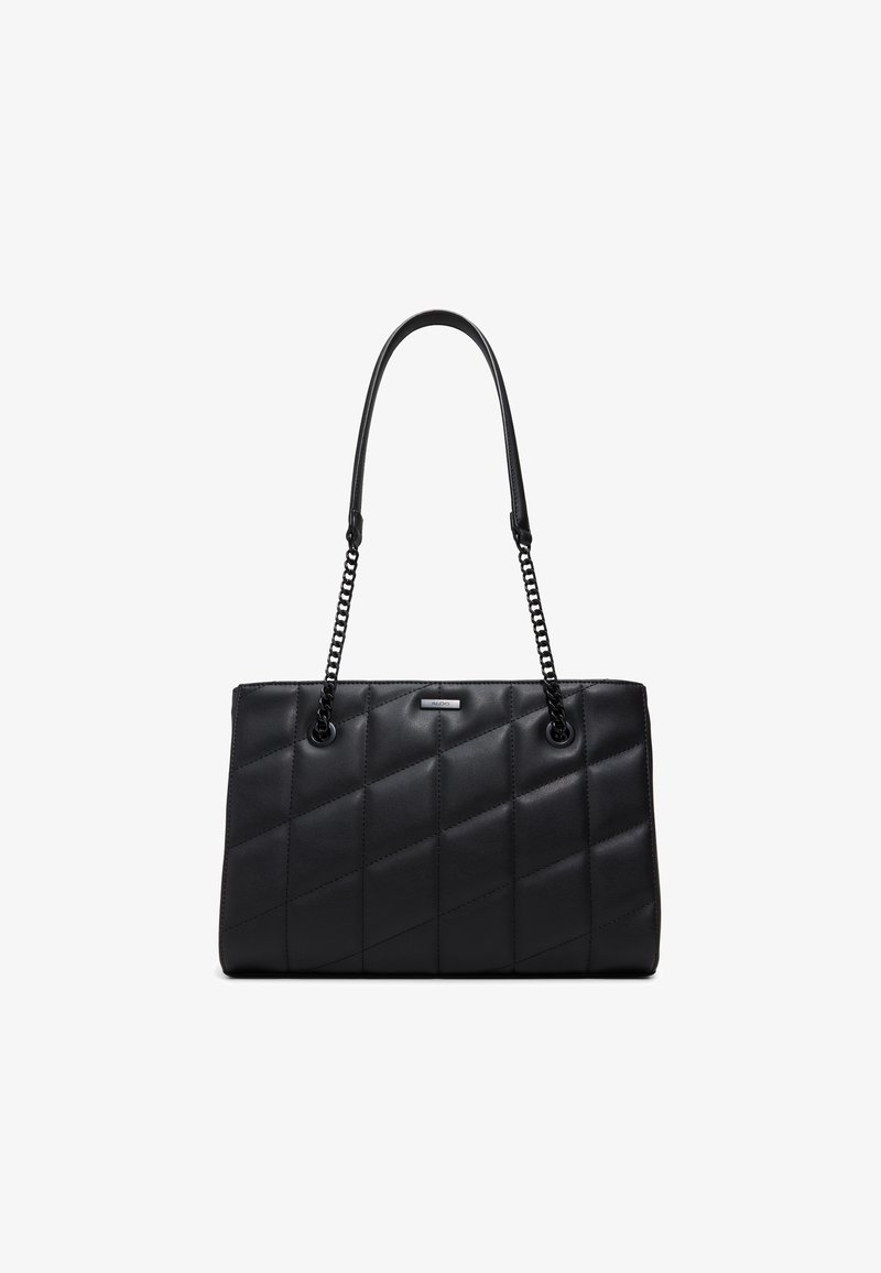 Sort, quilted tote bag lavet af glat læder, med dobbelte kæde- og læderremme samt en rektangulær silhuet med metalliske accenter.
