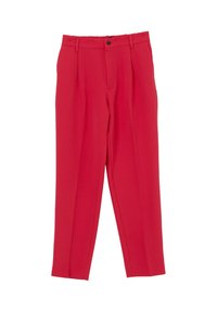 Rote maßgeschneiderte trousers mit geradem Schnitt, ausgestattet mit einem Knopfverschluss und Falten an der Vorderseite. Hergestellt aus einem glatten, leichten Stoff.