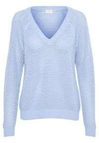 Maglione azzurro chiaro lavorato a maglia con scollatura a V, texture a rete aperta, maniche lunghe e polsini e orlo a costine. Etichetta del marchio visibile all'collo.