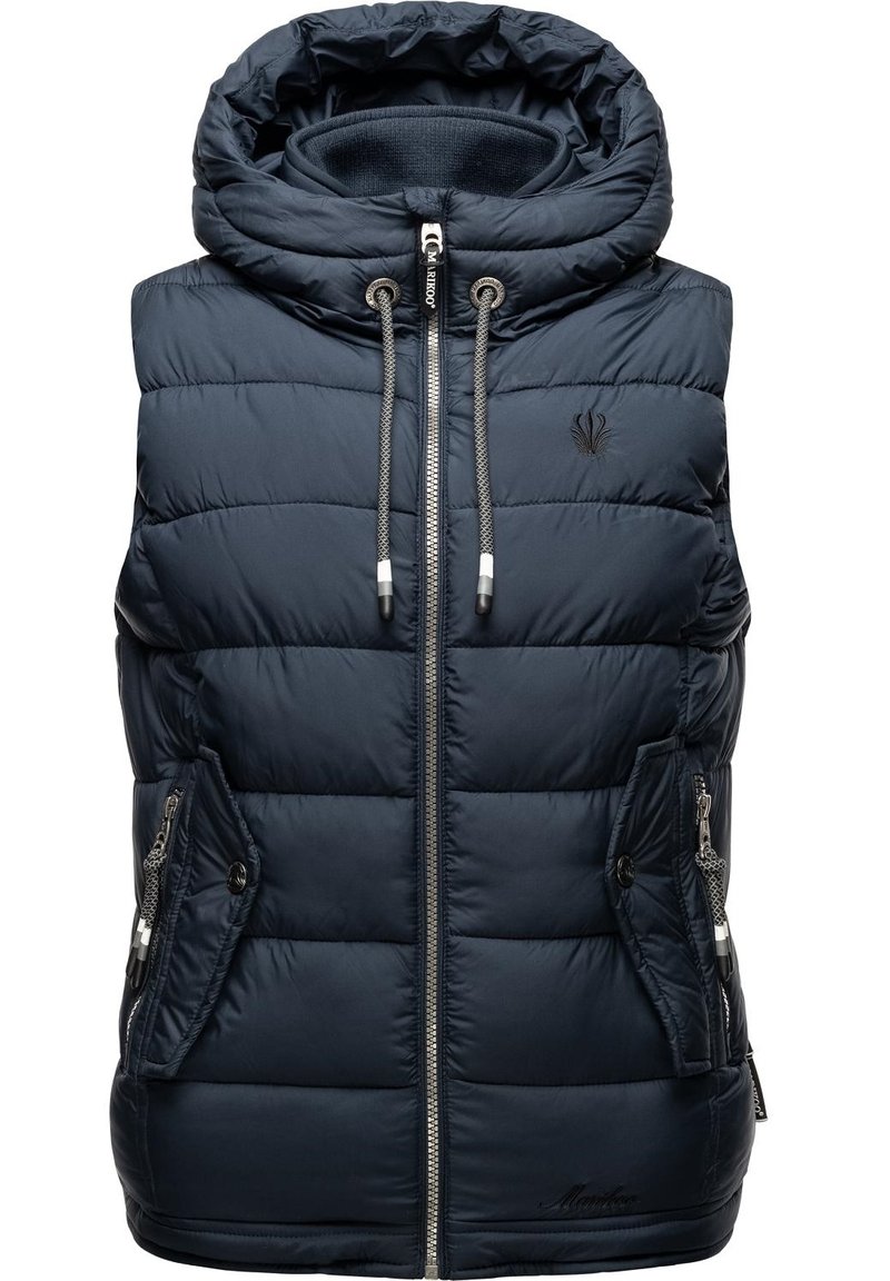 Námornícky puffer vest s kapucňou, zipsom, dvoma zipsovými vreckami a prešívanou textúrou. Doplnkované šedými šnúrkami a detailom loga.