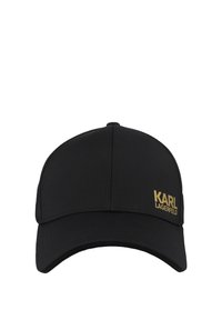 Casquette de baseball noire à visière courbée, avec le logo doré "KARL LAGERFELD" sur le panneau avant droit, sur fond blanc.