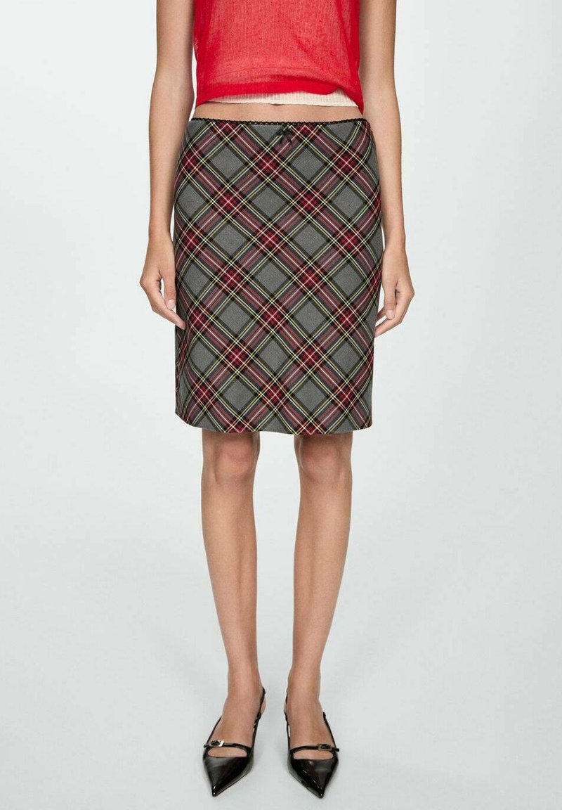 Gray plaid pencil skirt featuring red and yellow accents, made of woven fabric with a smooth texture, knee-length with a fitted design.