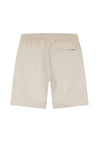 Beige shorts met een elastische tailleband en een zak met ritssluiting op de rug. Glad textuur en lengte tot halverwege de dij. Eenvoudig, functioneel ontwerp.