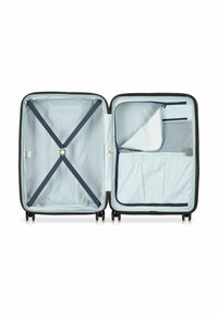 Valigia rigida con un esterno blu navy. L'interno presenta una fodera a righe blu chiare, cinghie a x, una tasca in rete e una borsa con zip aggiuntiva.