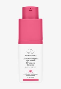 White bottle with pink pump cap, labeled "A-Shaba Complex™ Eye Serum," featuring black text and an elephant logo. Contains 15ml product.