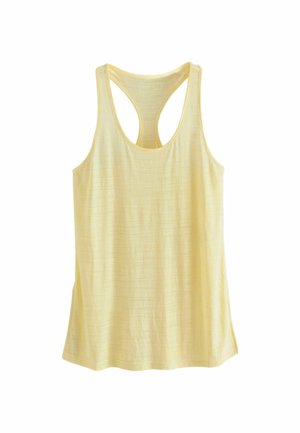 Débardeur jaune avec un tissu texturé, design dos nageur et coupe décontractée. Encolure lisse sans accents ni motifs supplémentaires.
