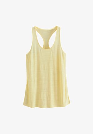 Débardeur jaune avec un tissu texturé, design dos nageur et coupe décontractée. Encolure lisse sans accents ni motifs supplémentaires.