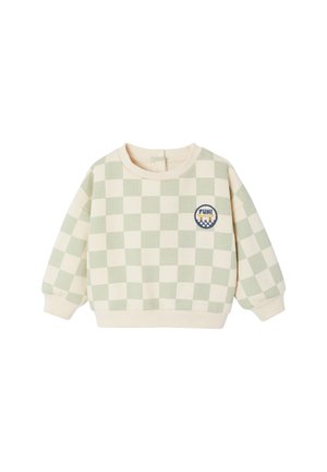 Long-sleeve toddler sweater with light green and cream checkerboard pattern and a small "FUN!" patch on the chest.