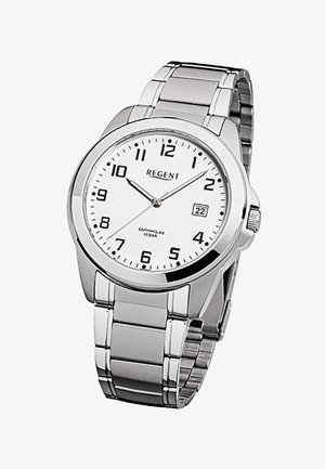 Silver metal wristwatch with white dial, black numbers, date display at 3 o'clock, and three hands showing 10:10:39.